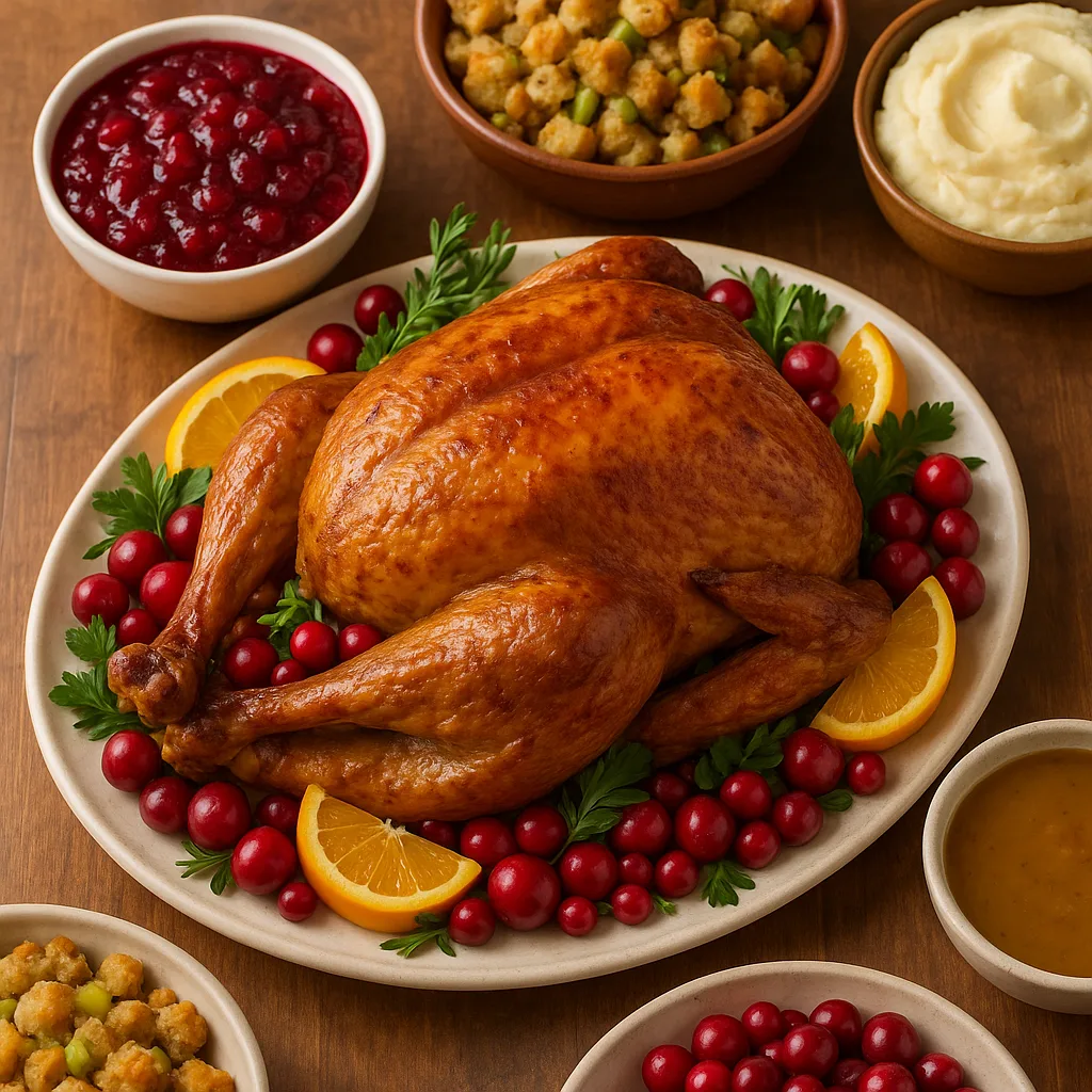 Beautifully Roasted Golden-brown Turkey Placed on a Decorative Platter