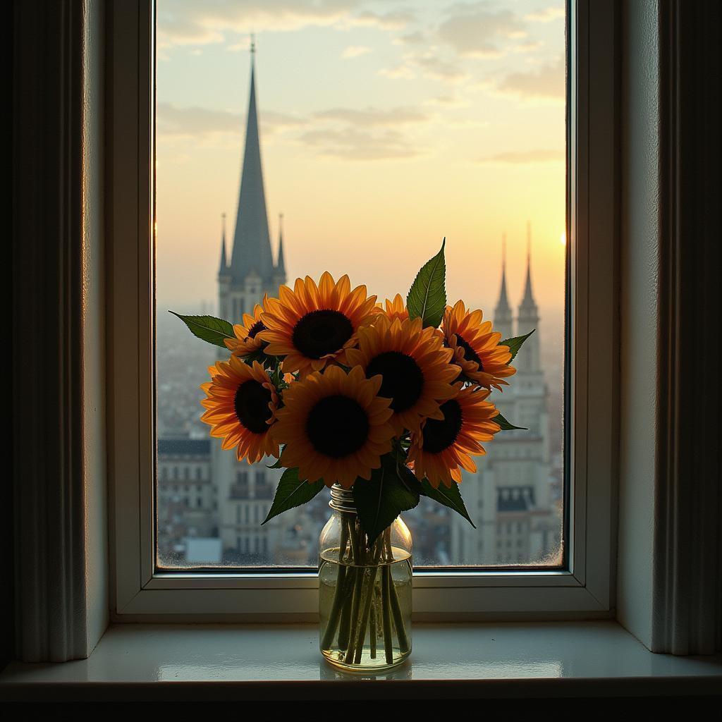Sunflowers Framing a Glowing Spired City