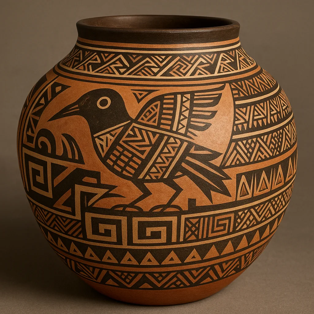 Intricately Designed Traditional Patterns Embellish Handmade Pottery Crafted by Native