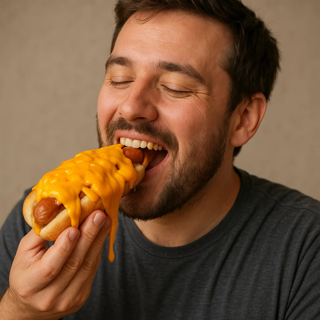 Man Savoring a Hotdog Covered in Melted Cheddar Cheese