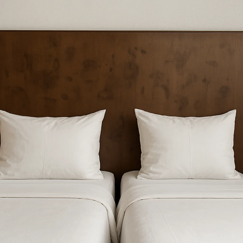Two Beds with White Pillows and a Brown Wooden Headboard
