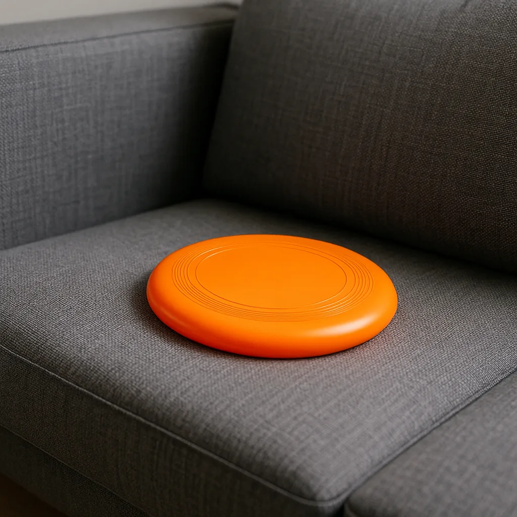 Vibrant Frisbee Placed on a Stylish Contemporary Couch