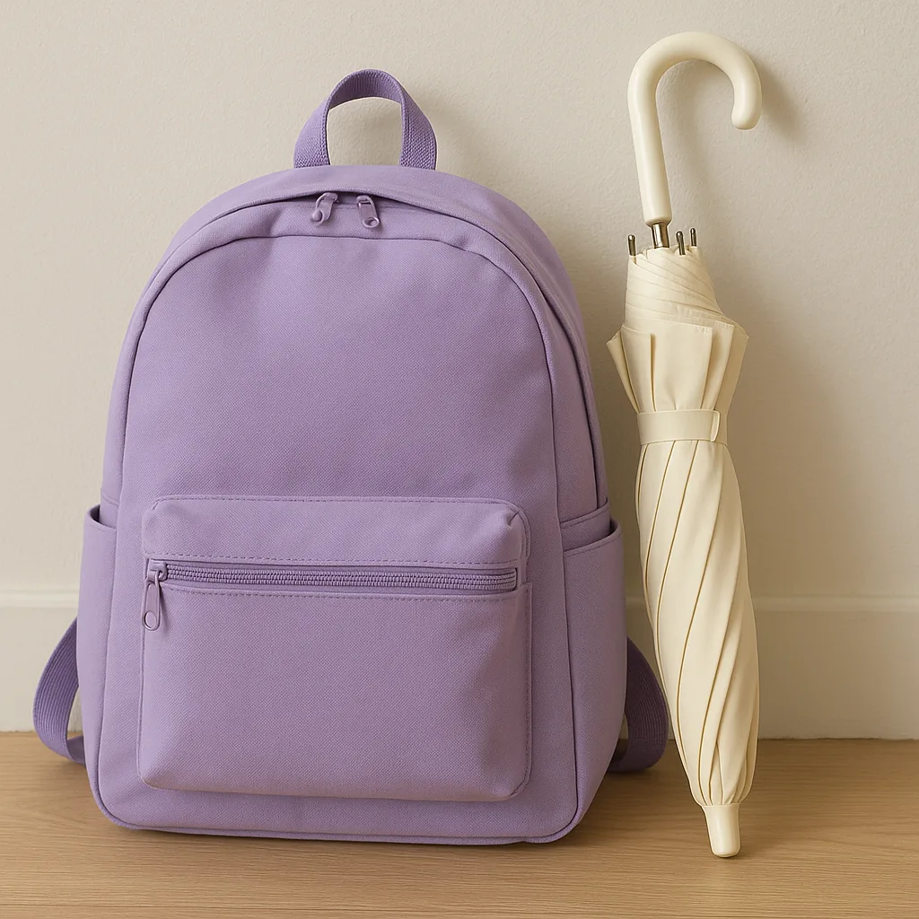 Cream Umbrella Alongside a Lavender-colored Backpack