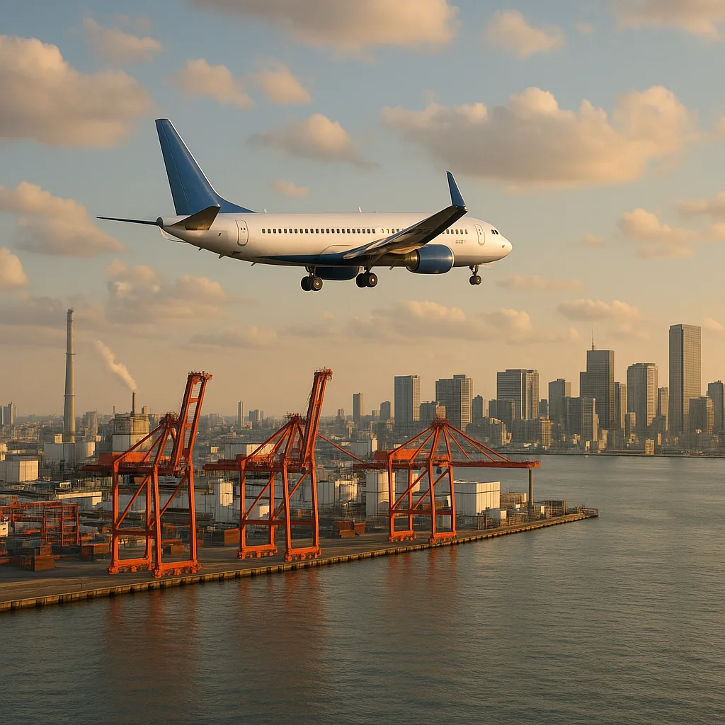 Passenger Airplane Is Landing near an Industrial Port and City