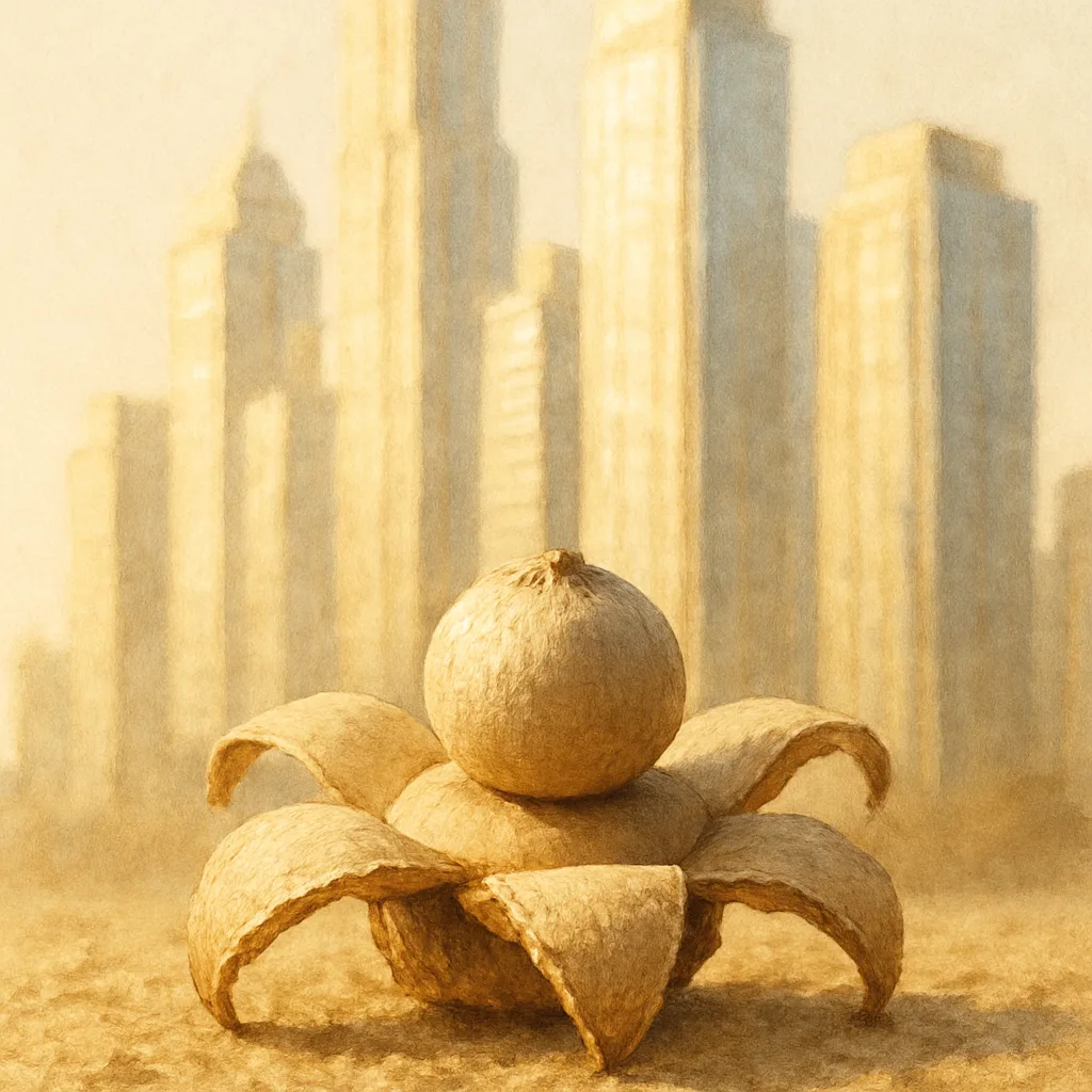 Textured Paper Earthstar Before Gleaming Daylit Skyscrapers