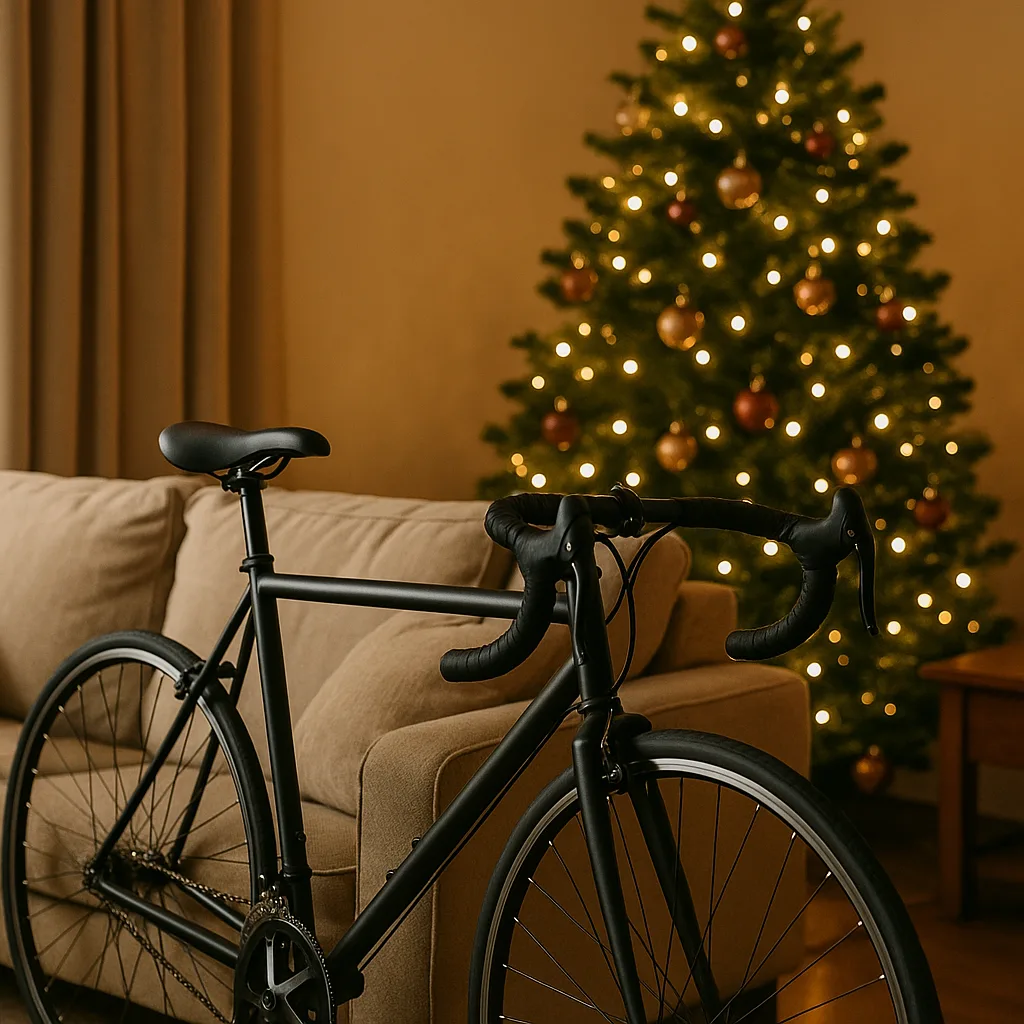Cozy Living Room Features a Bicycle Leaning Against a Sofa