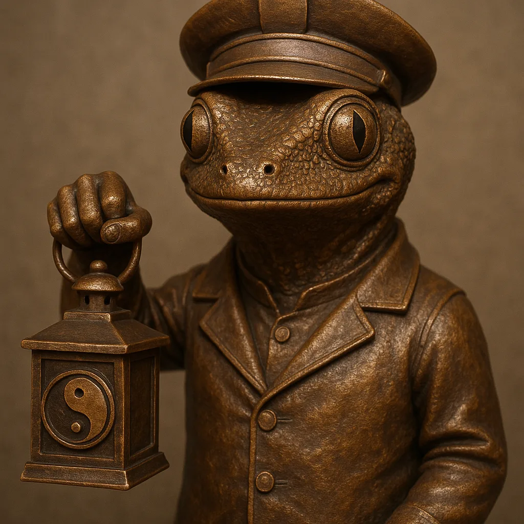 Bronze Statue Depicting a Gecko Dressed in a Train Engineer's