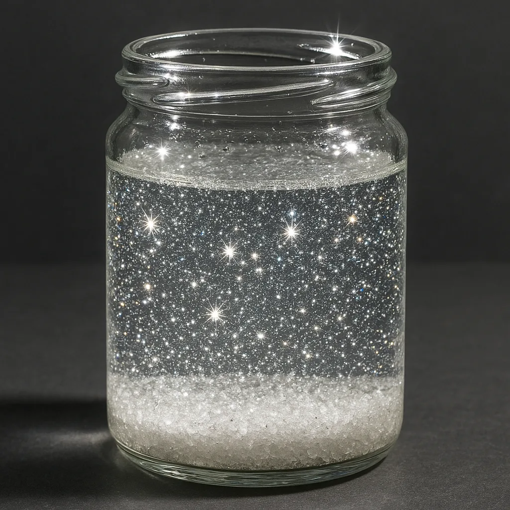 Transparent Vessel Holding a Shimmering Supersaturated Solution of Sodium Chloride