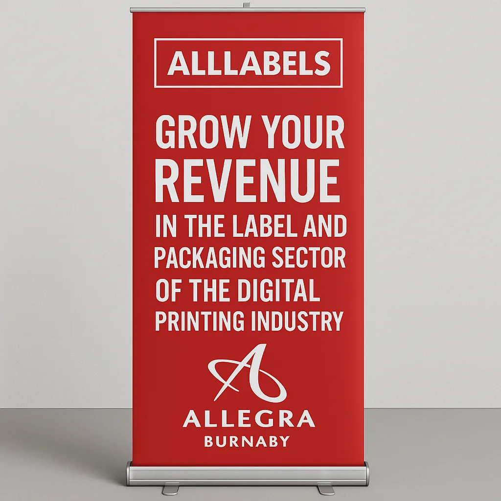 Red and White Promotional Banner Stand Advertising "AllLabels"