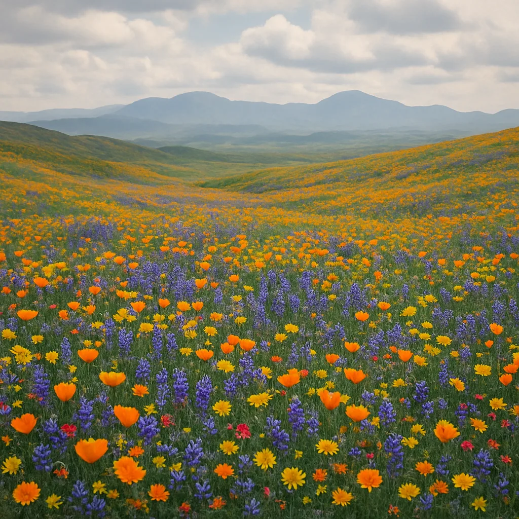 Vast Expanse of Vibrant Wildflowers Carpets Rolling Hills