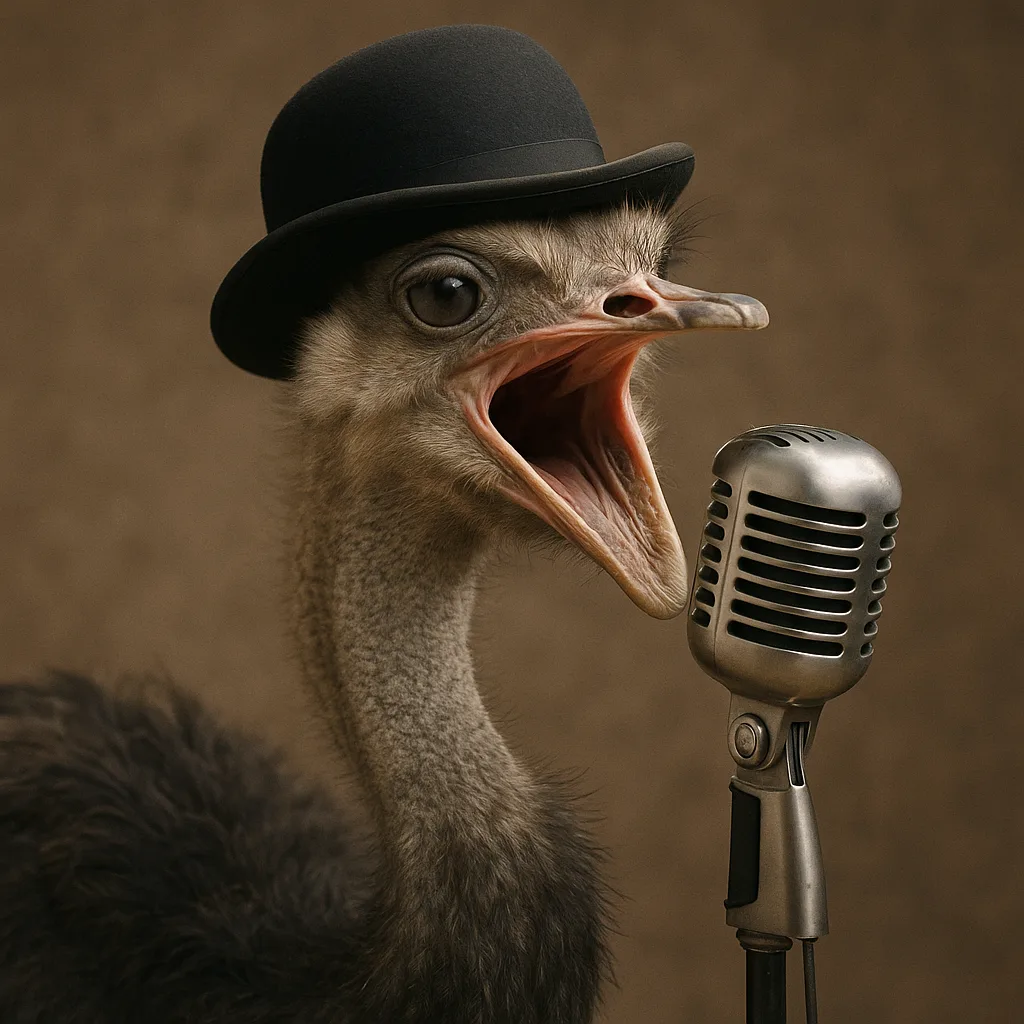 Picture of an Ostrich Passionately Singing into a Retro Microphone