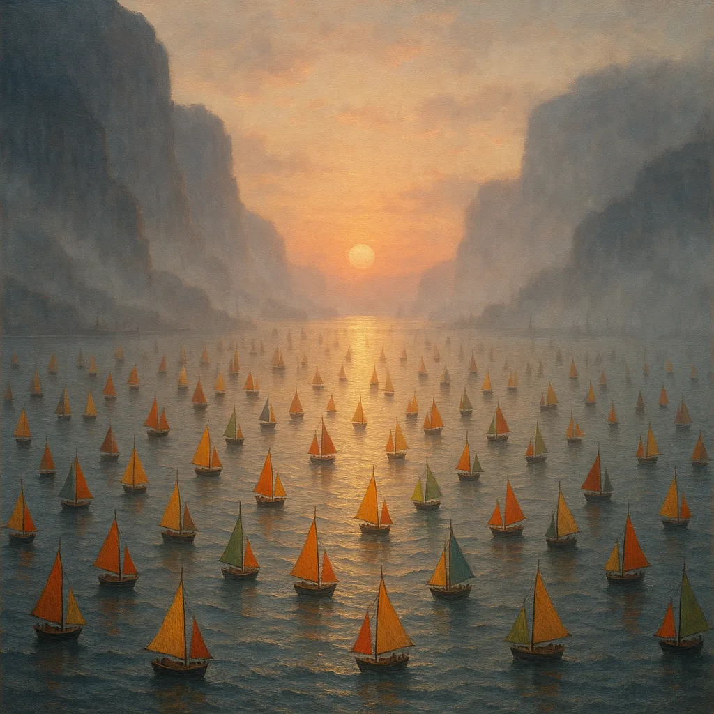 Multitude of Tiny Ships with Colorful Sails Navigates