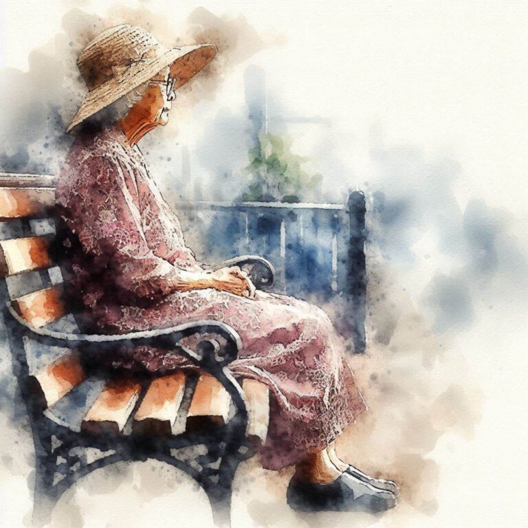 Grandma Sitting on a Bench Watercolor
