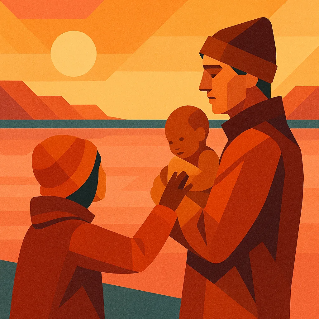 Warmly Clad Petite Figure Gently Reaches for a Tan Infant