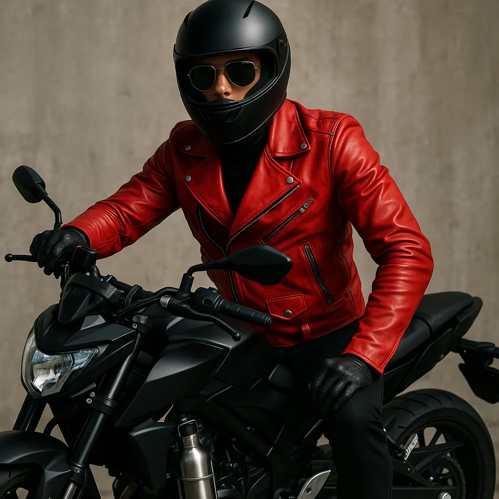 Figure Clad in a Bold Crimson Motorcycle Jacket and Reflective