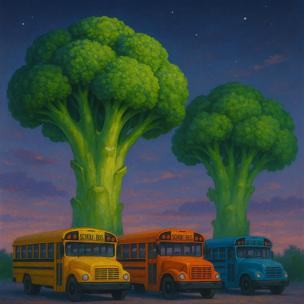 Imaginative Scene Showing a Pair of Vivid Green Broccoli-shaped Trees