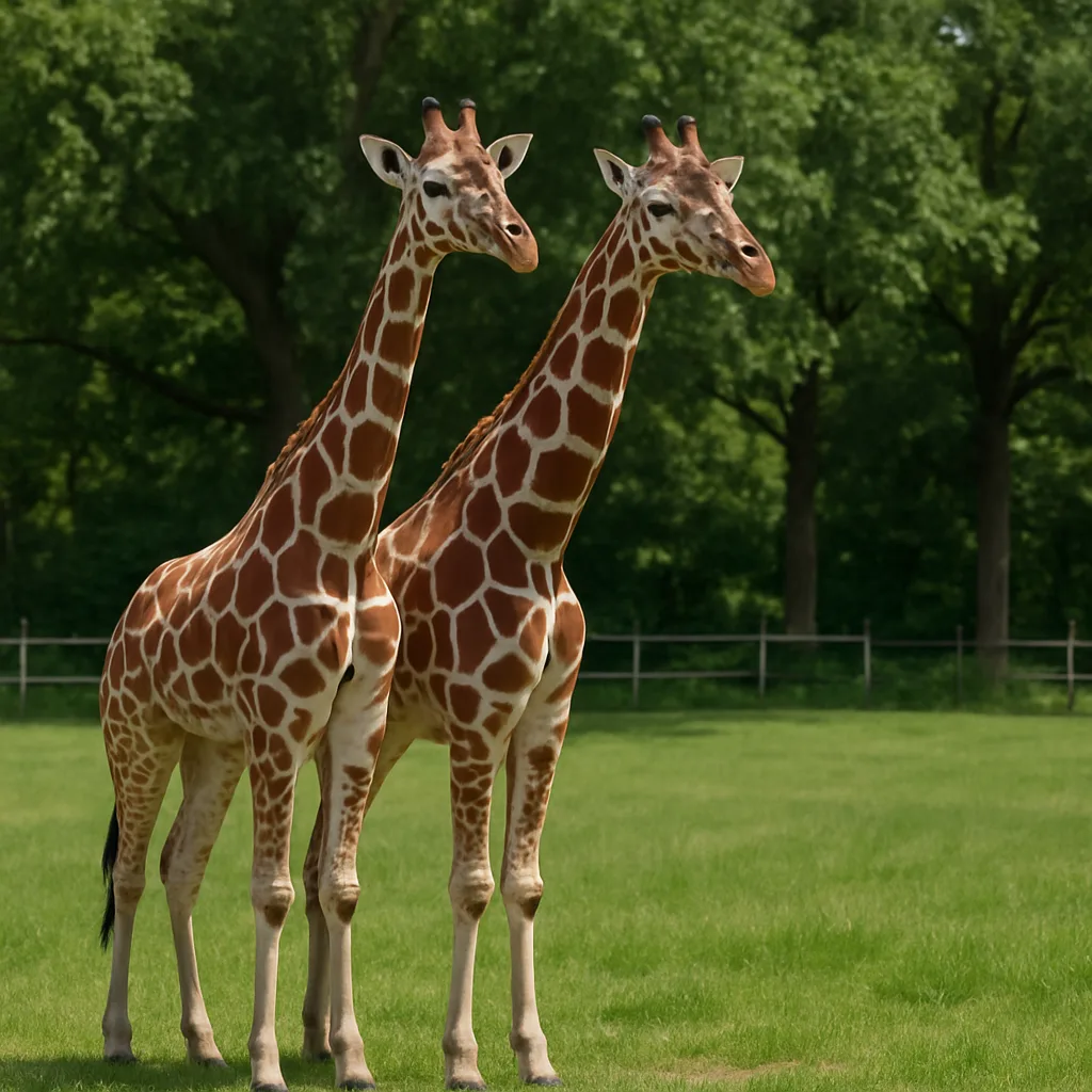 Two Giraffes Standing Side by Side in a Grassy Enclosure