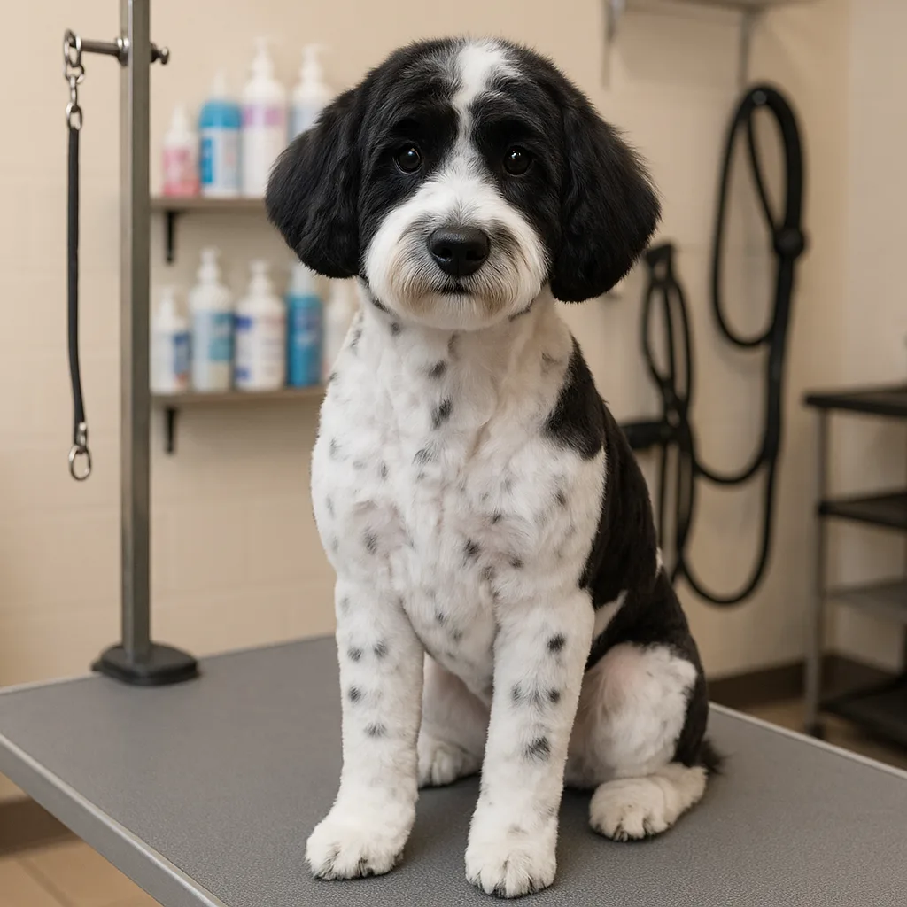 Freshly Groomed Black-and-white Dog Sitting on a Table