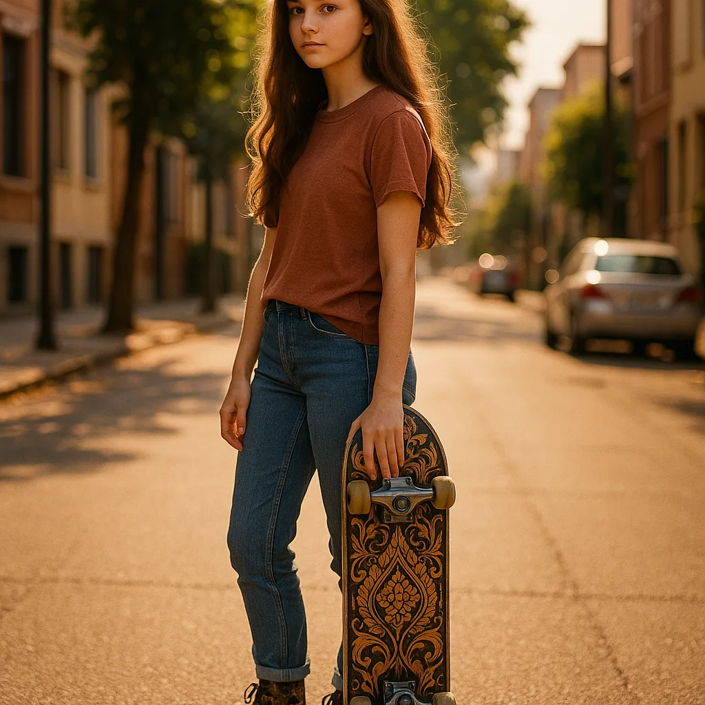 Girl with Long Hair Stands on a Sunlit Street