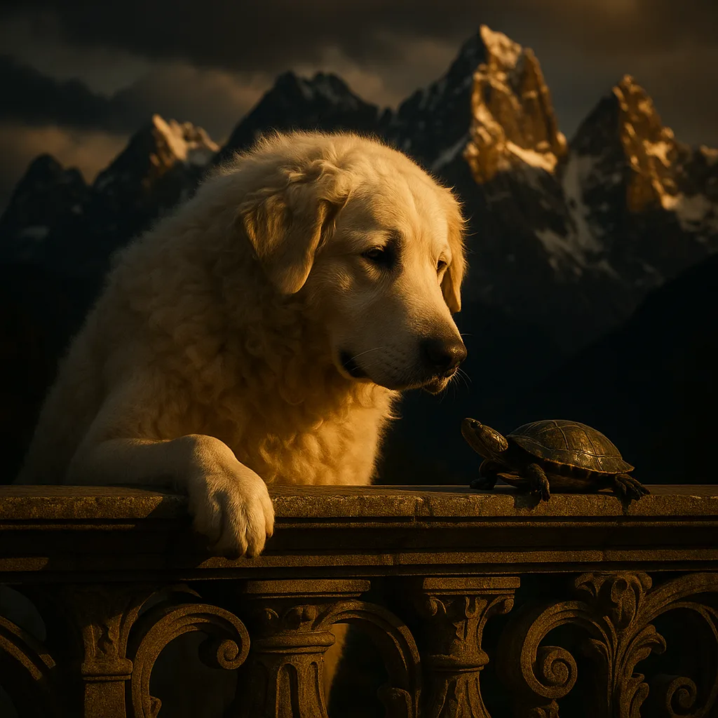 Kuvasz and a Terrapin on an Ornate Sculptural Viaduct