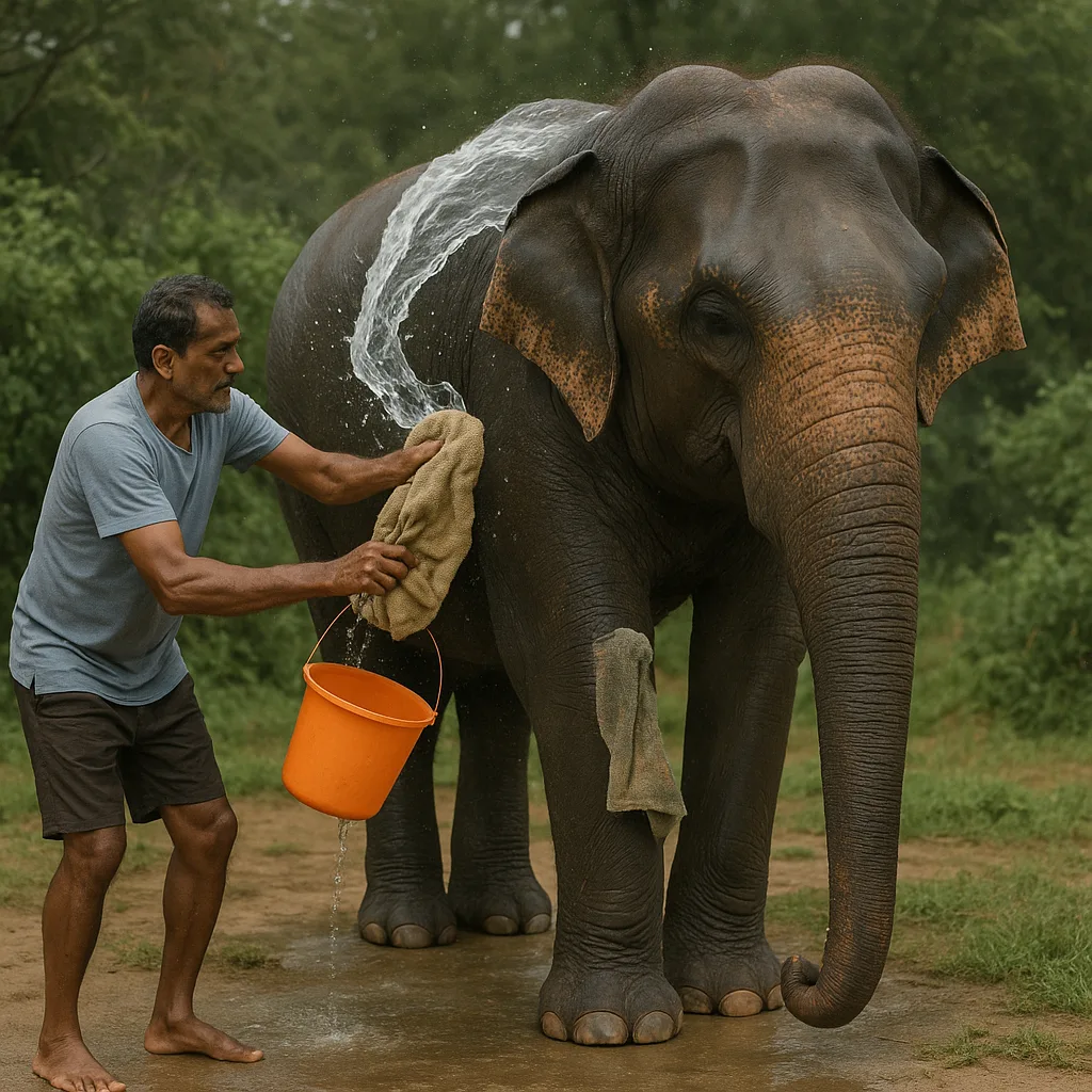 Man Is Cleaning the Elephant
