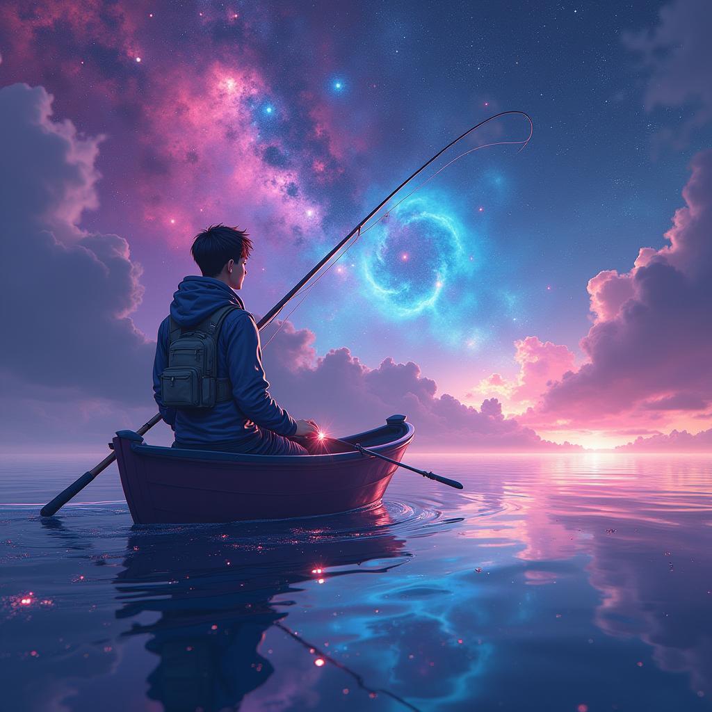 Fisherman Drifting Through a Glowing Nebula