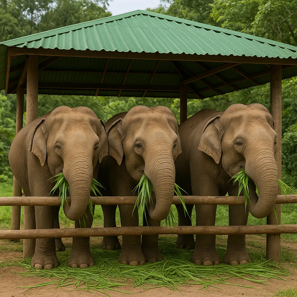 Three Elephants Standing under a Green-roofed Shelter