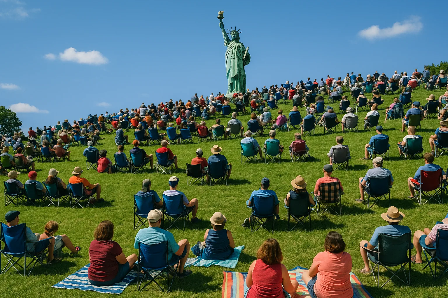 Large Outdoor Gathering with People Seated on Chairs and Blankets