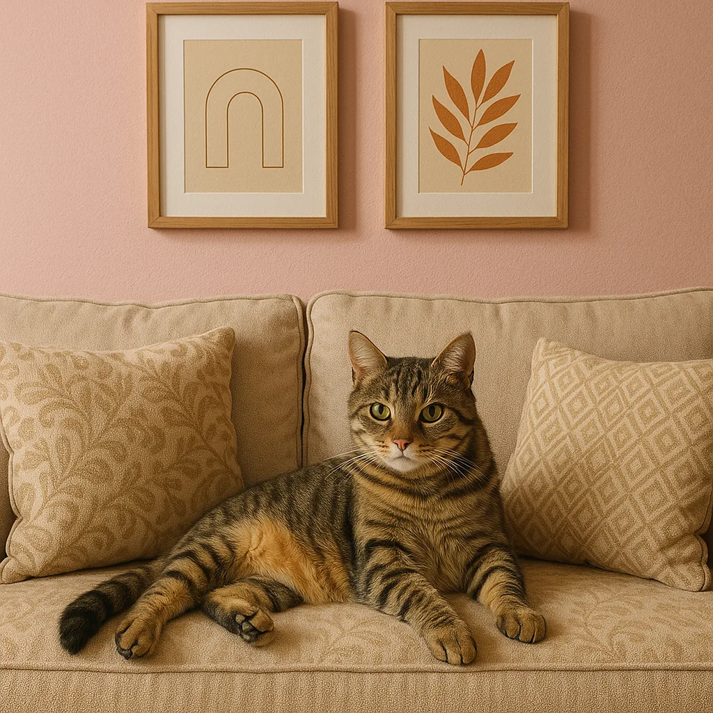 Tabby Cat Lounging on a Patterned Beige Sofa with Cushions