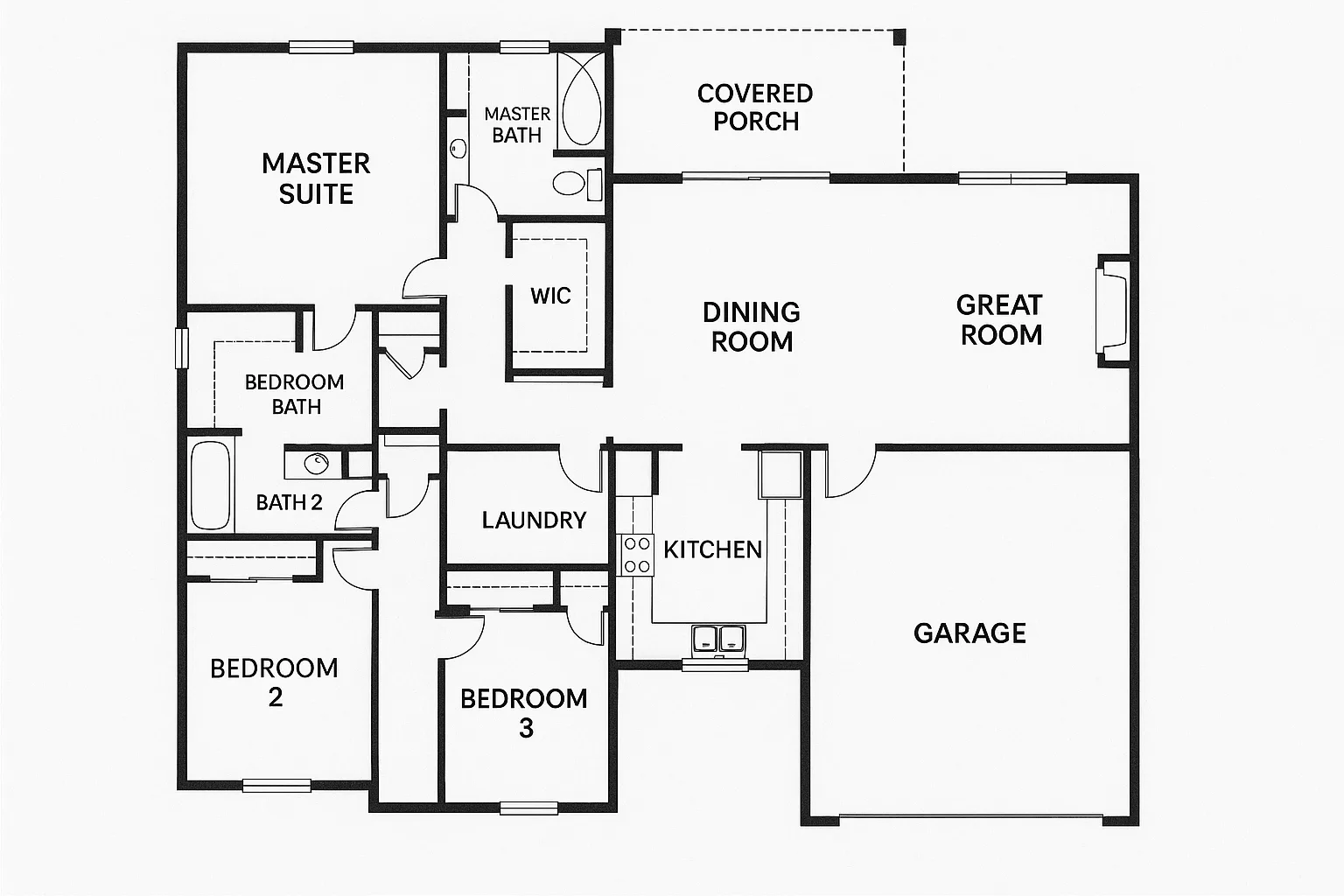 Detailed Floor Plan of a Single-story House Featuring a Master