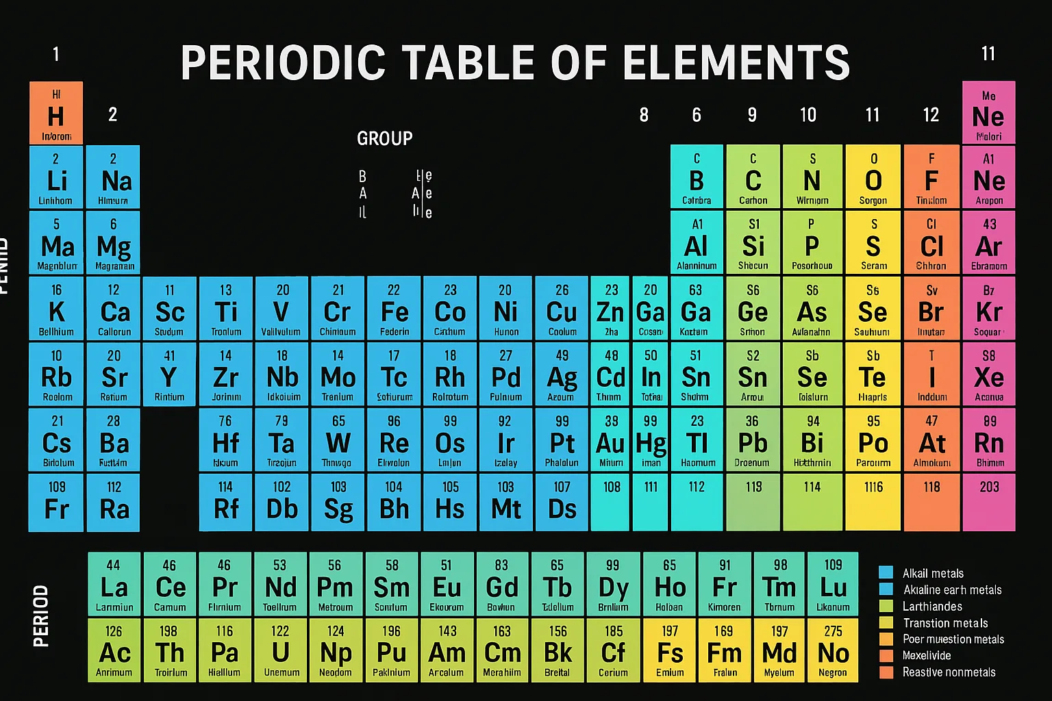 Detailed Periodic Table of Elements with a Black Background