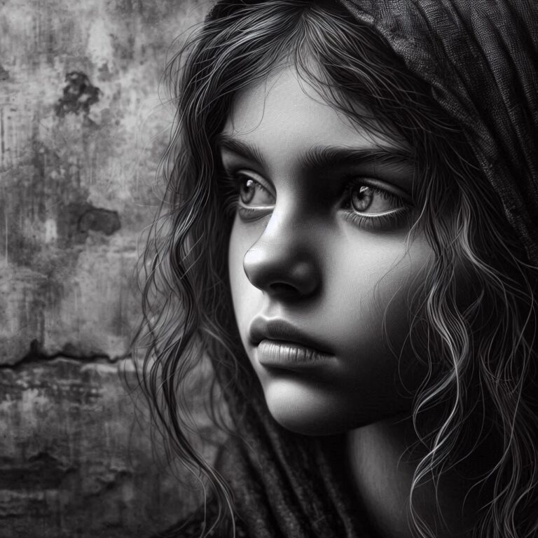 Thoughtful Roma Girl Portrait in B&W