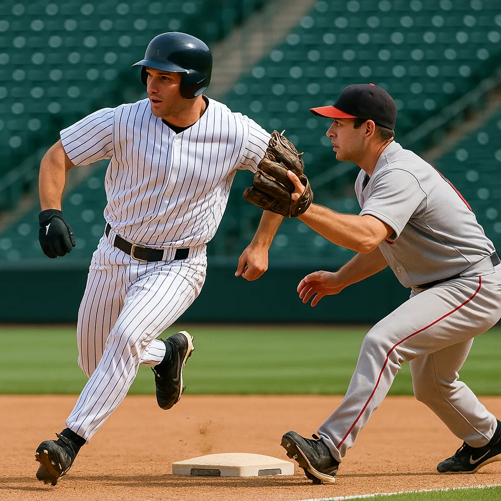 Baseball Player in a Pinstripe Uniform Runs Past Another Player