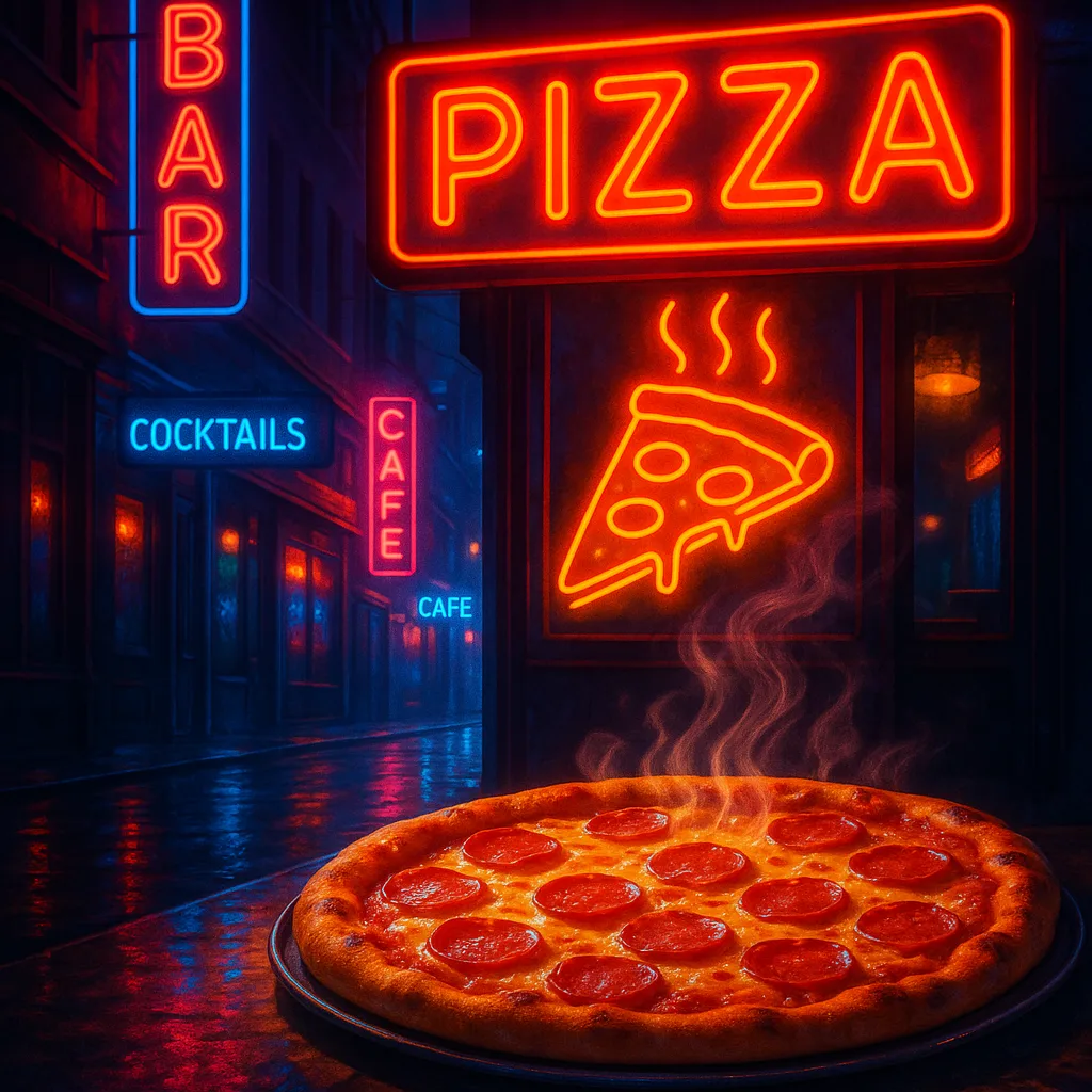 Electrifying Nocturnal Setting Featuring Illuminated Neon Signage and a Hot
