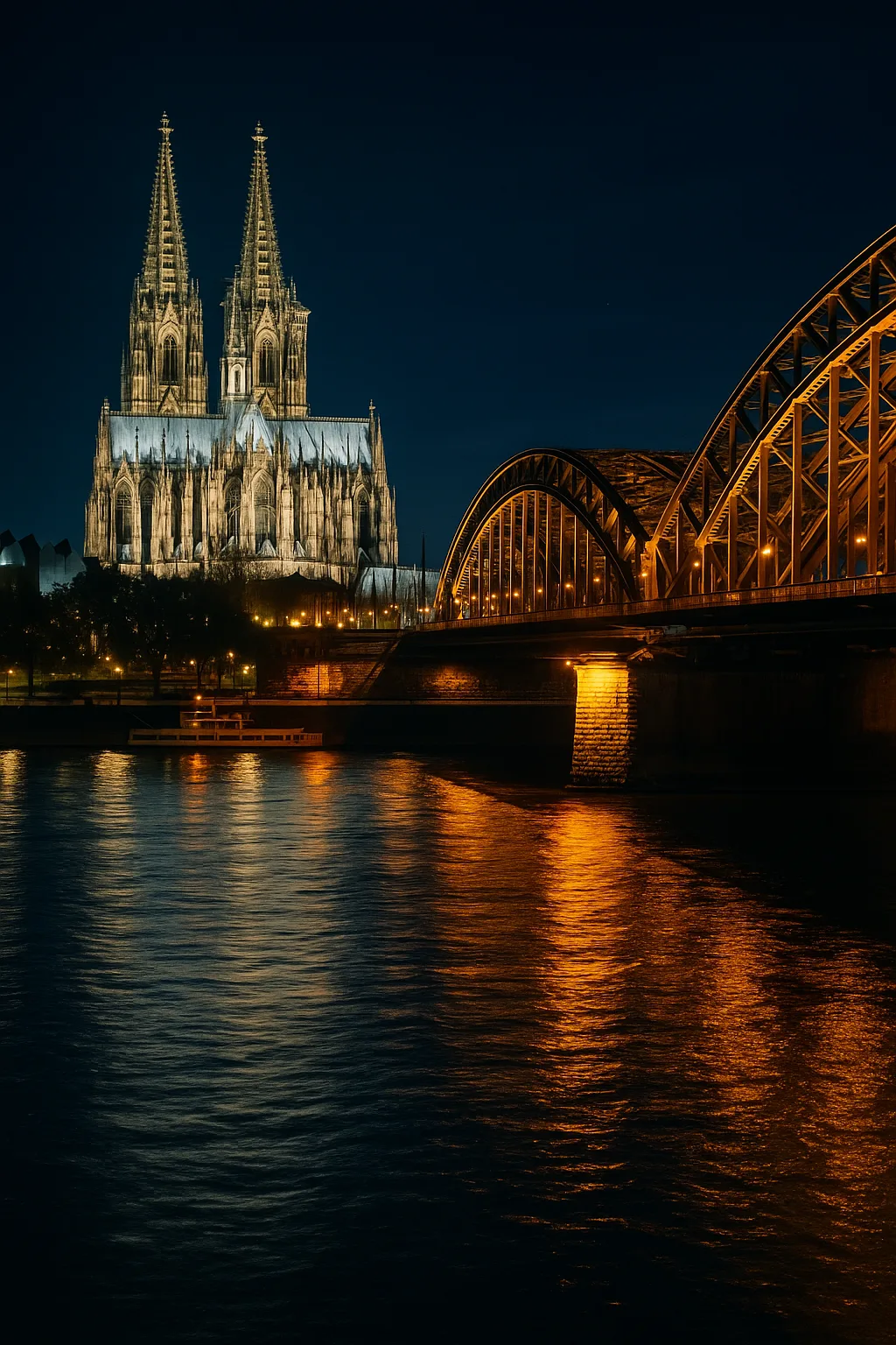 Nighttime View of Cologne Cathedral and Hohenzollern Bridge