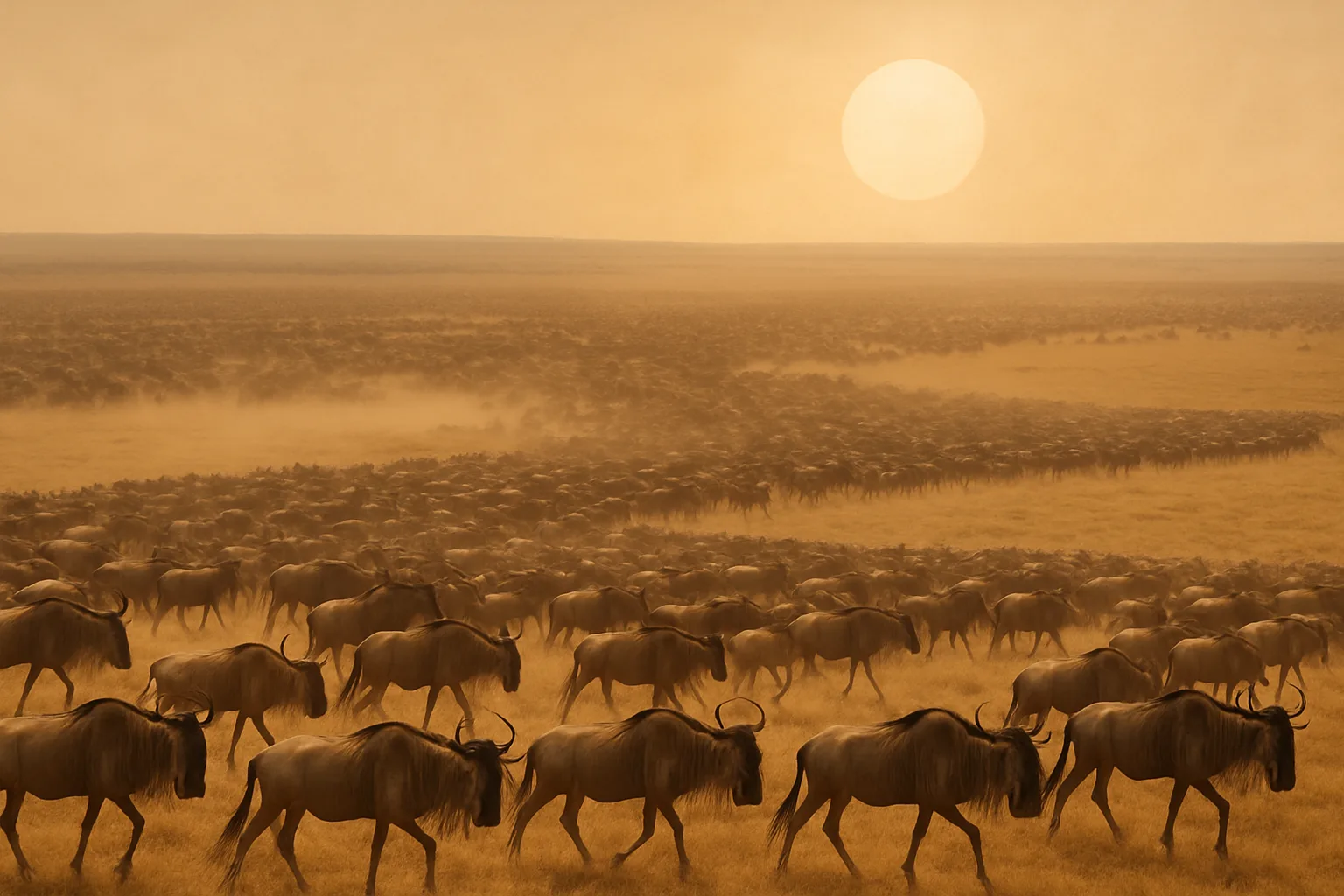 Vast Herd of Wildebeest Stretches Across an Endless Savanna Plain