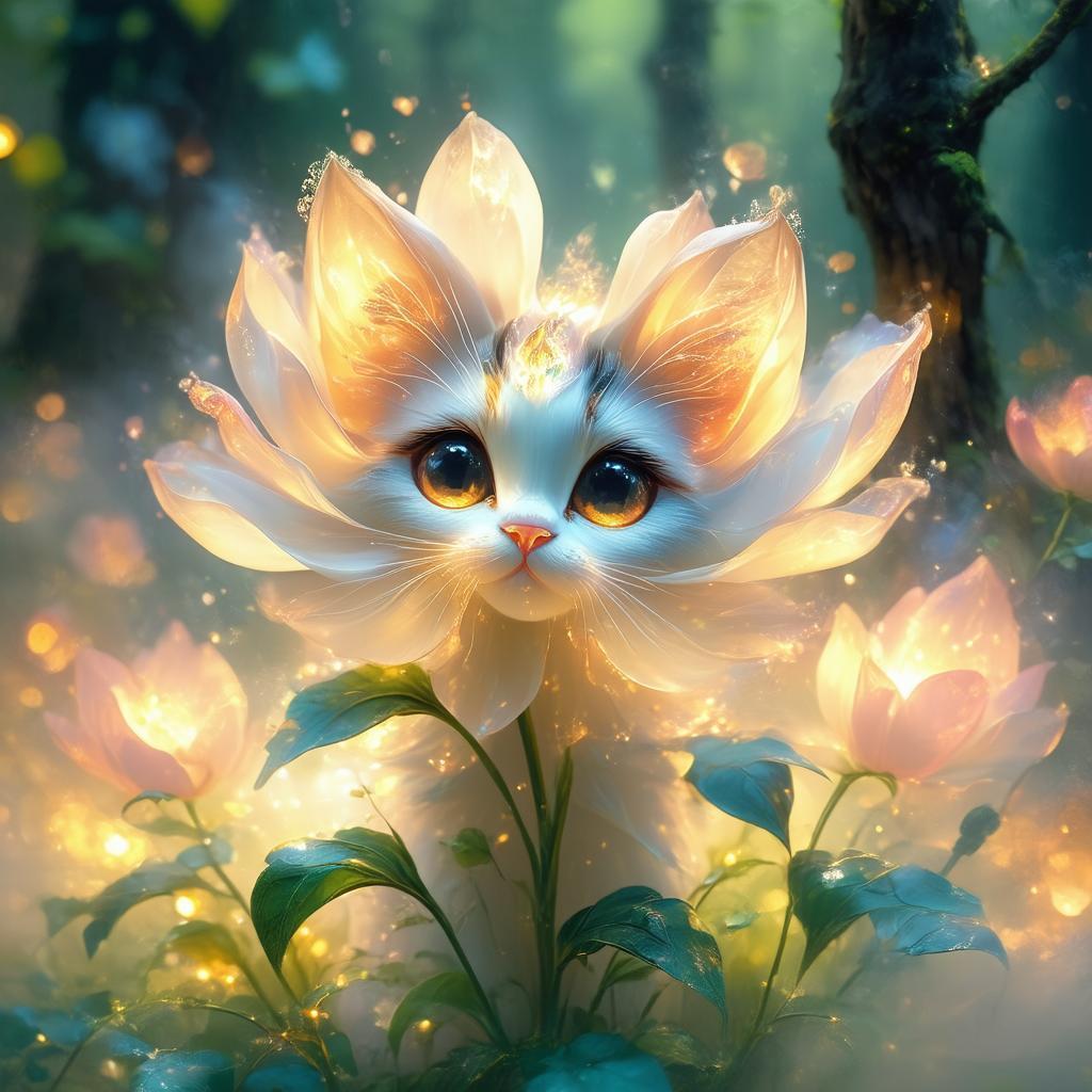Whimsical Cat Faced Flower in Enchanted Forest