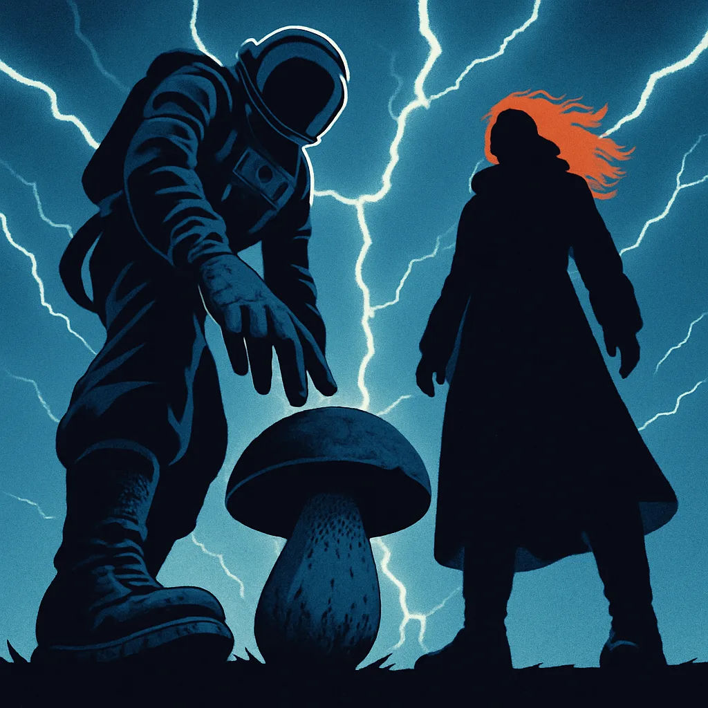 Two Towering Figures Are Dramatically Framed Against Brilliant Forked Lightning