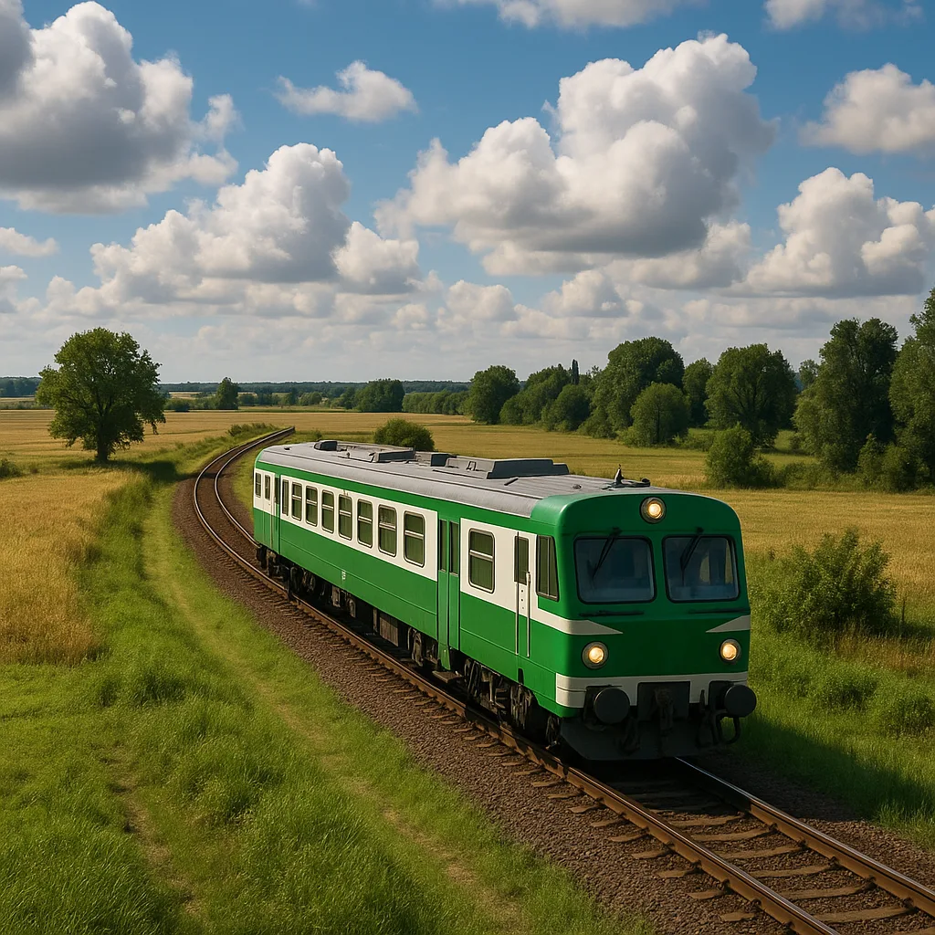 Green and White Train Travels Along a Countryside Railway