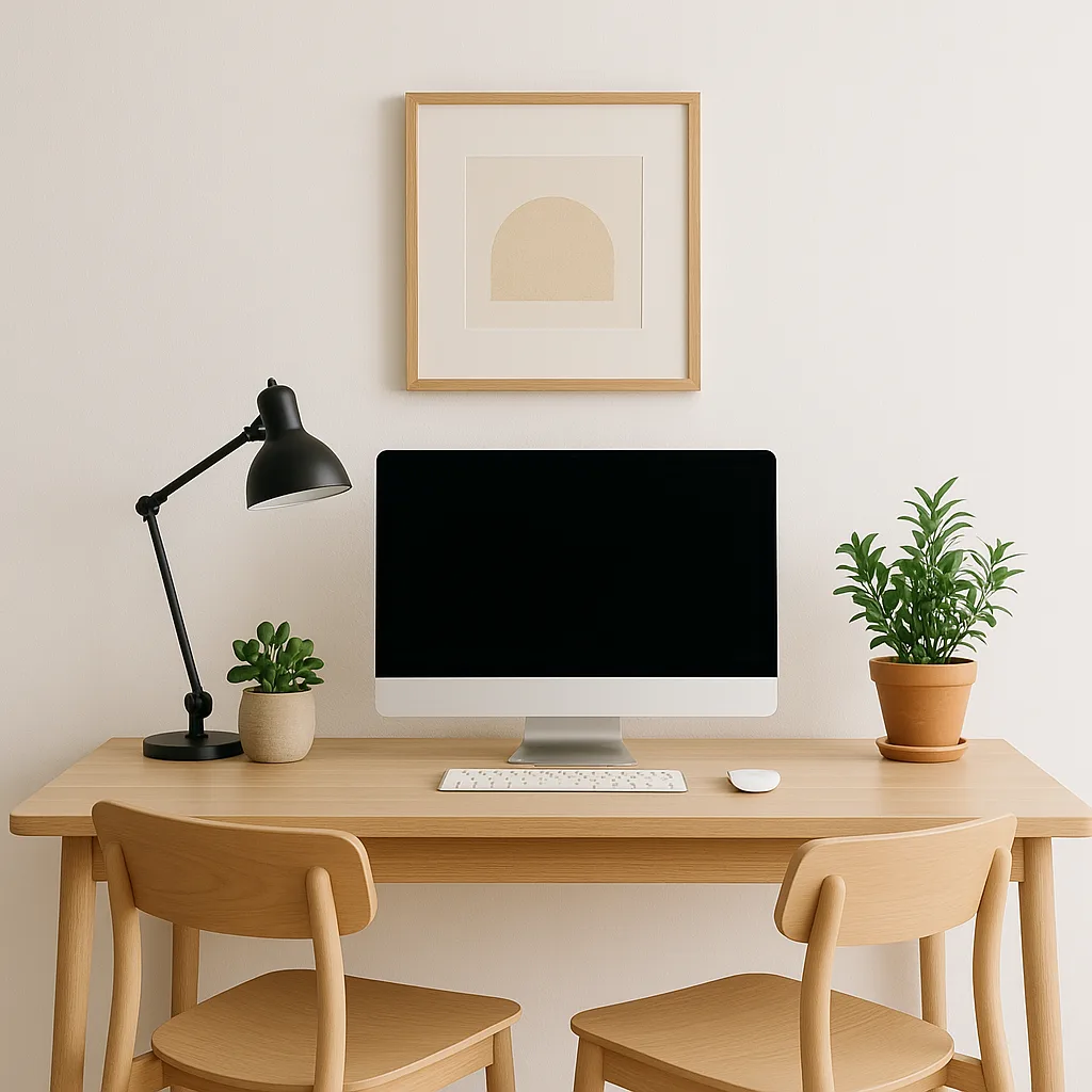 Minimalist Workspace Featuring a Light Wood Desk with a Computer