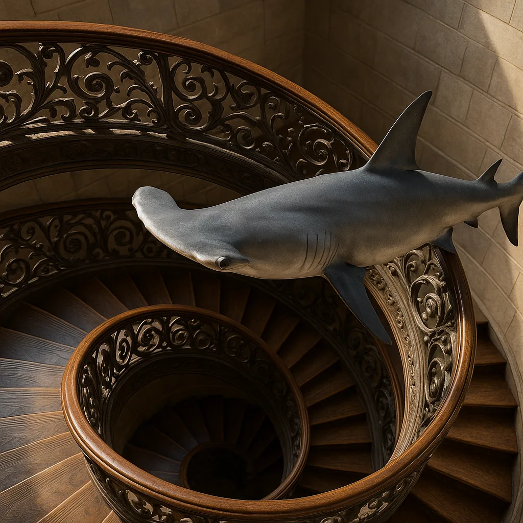Lone Hammerhead on an Ornate Spiral Staircase