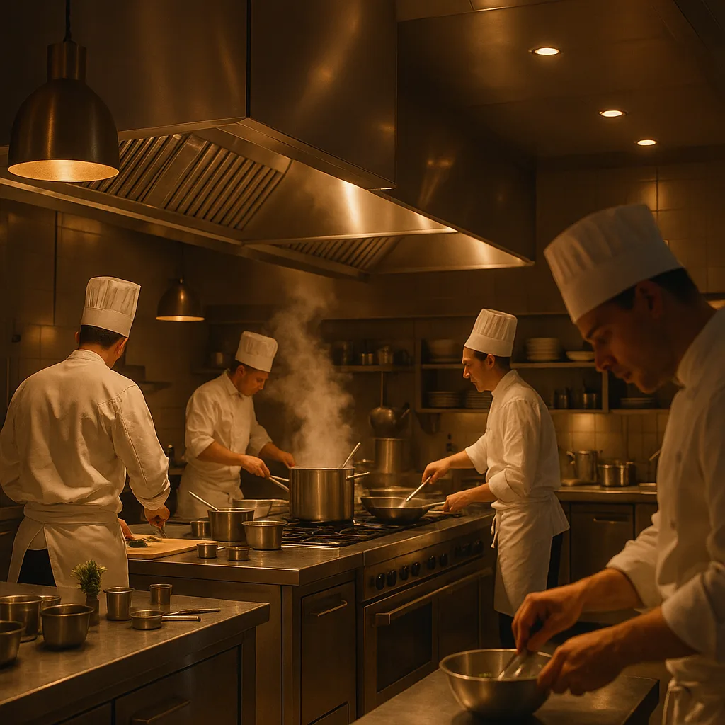 Modern Stainless Steel Kitchen with Chefs Busy at Work
