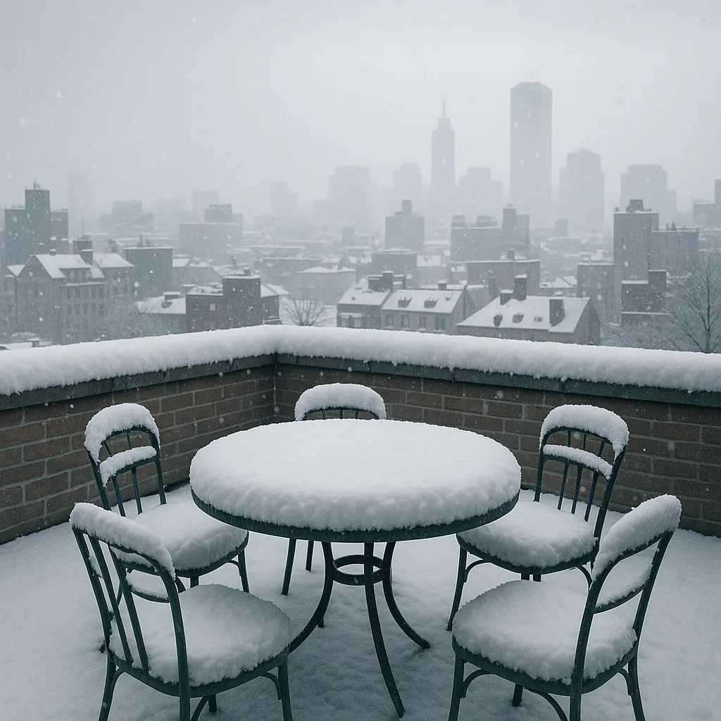 Snowy Rooftop Scene Featuring a Round Table and Chairs Covered