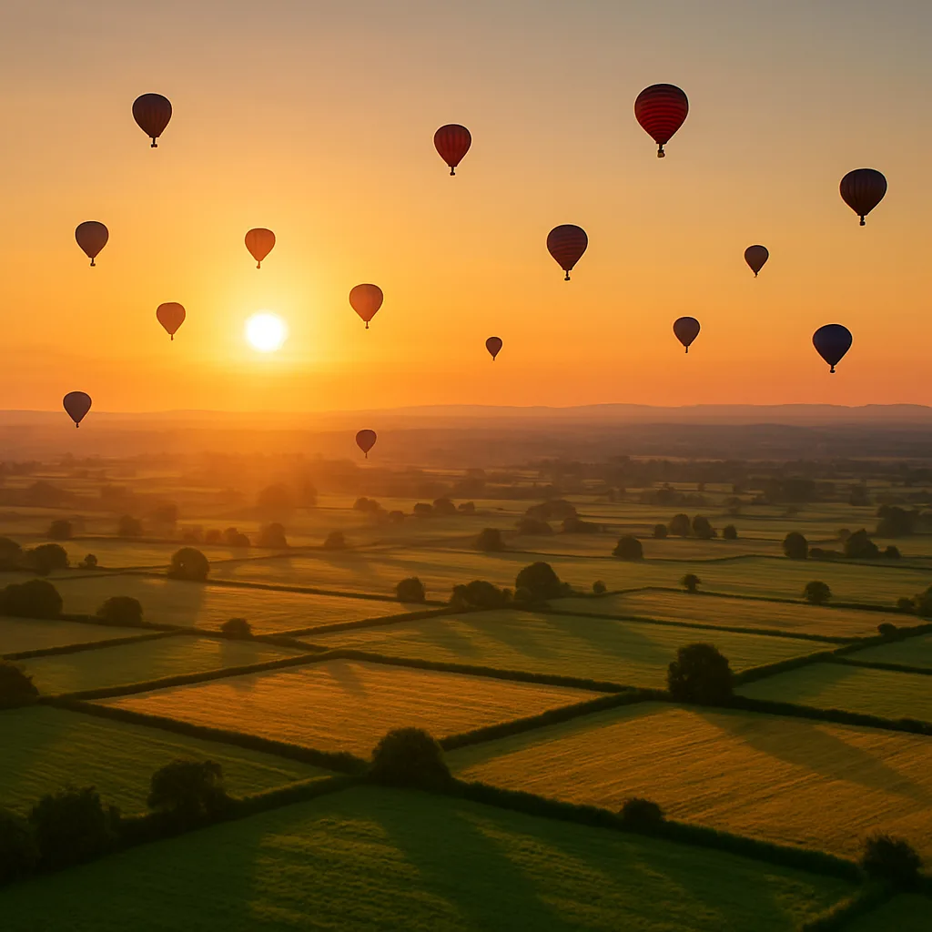 Many Distant Hot Air Balloons Drift Lazily