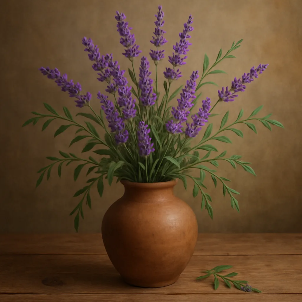 Earthen Vase Perched on a Wooden Table Overflows