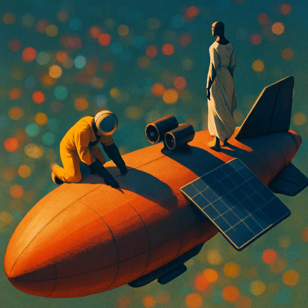 Helmeted Figure Intently Examines a Point on the Expansive Upper