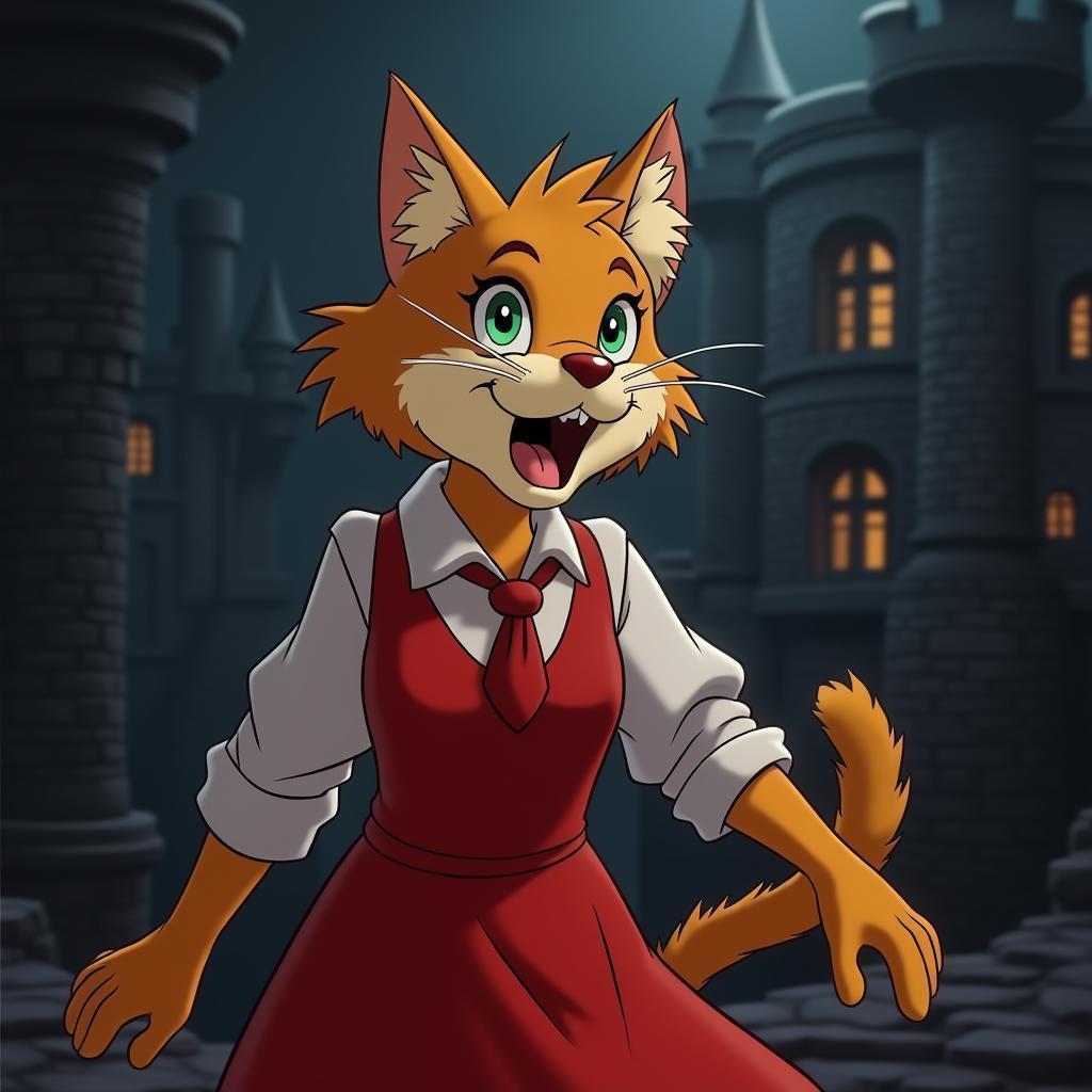Bobcat in Red Dress Before a Dark Castle