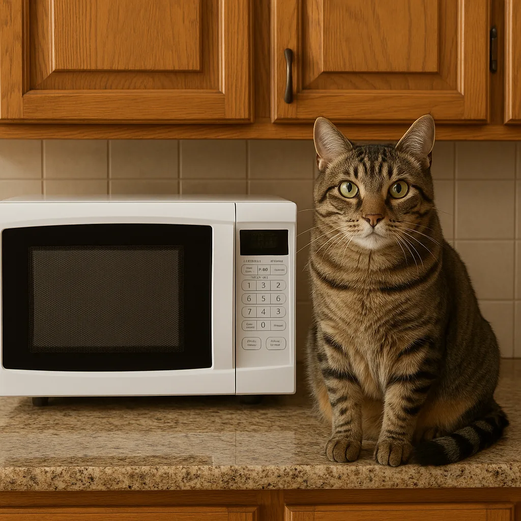 Tabby Cat Sitting on a Kitchen Counter near a Microwave