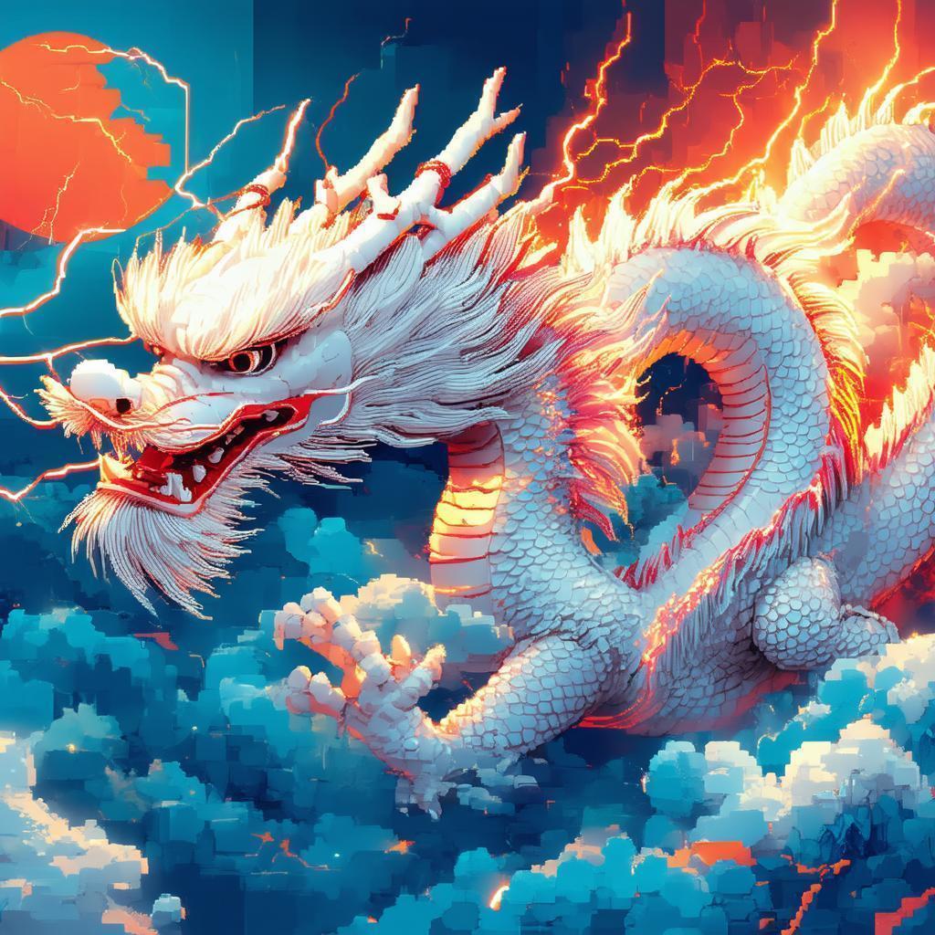 White Chinese Dragon Riding Pixel Thunder