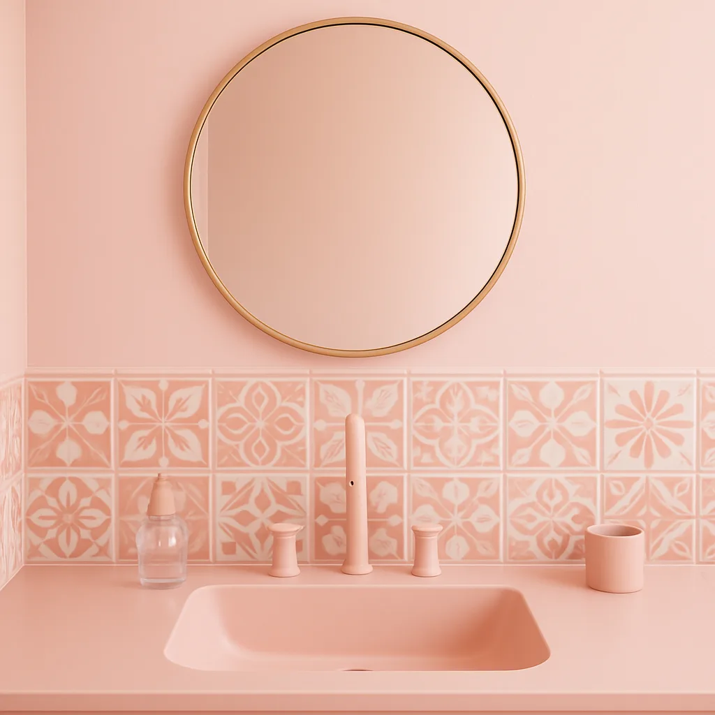 Pastel Pink Countertop in a Bathroom Featuring a Sink